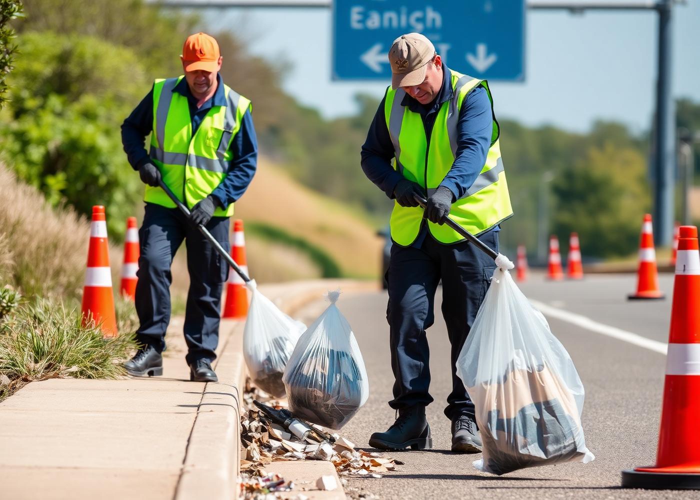 Uniformed crew in high-visibility vests collecting litter along a highway shoulder