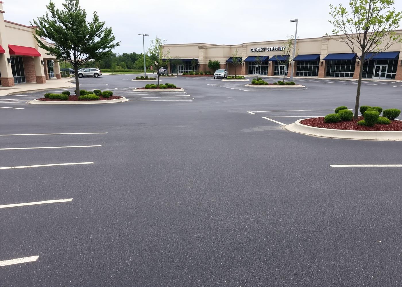Clean, freshly maintained commercial retail parking lot